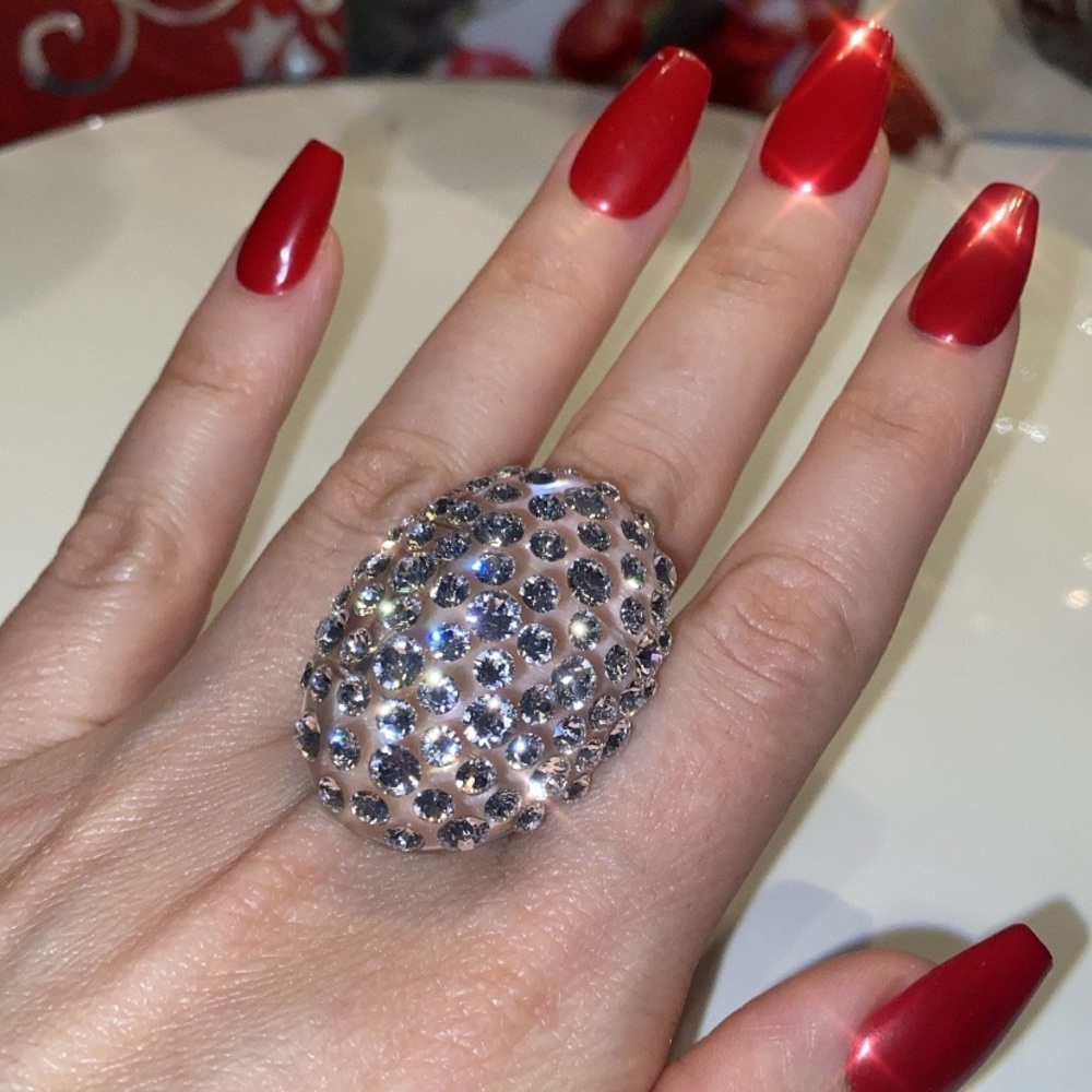 Clear Acrylic Statement Cocktail Ring With Swarovski Crystal Stones